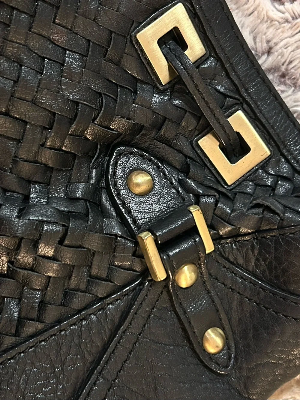 Cole Haan Black Woven Leather Large Hobo with Gold Accents